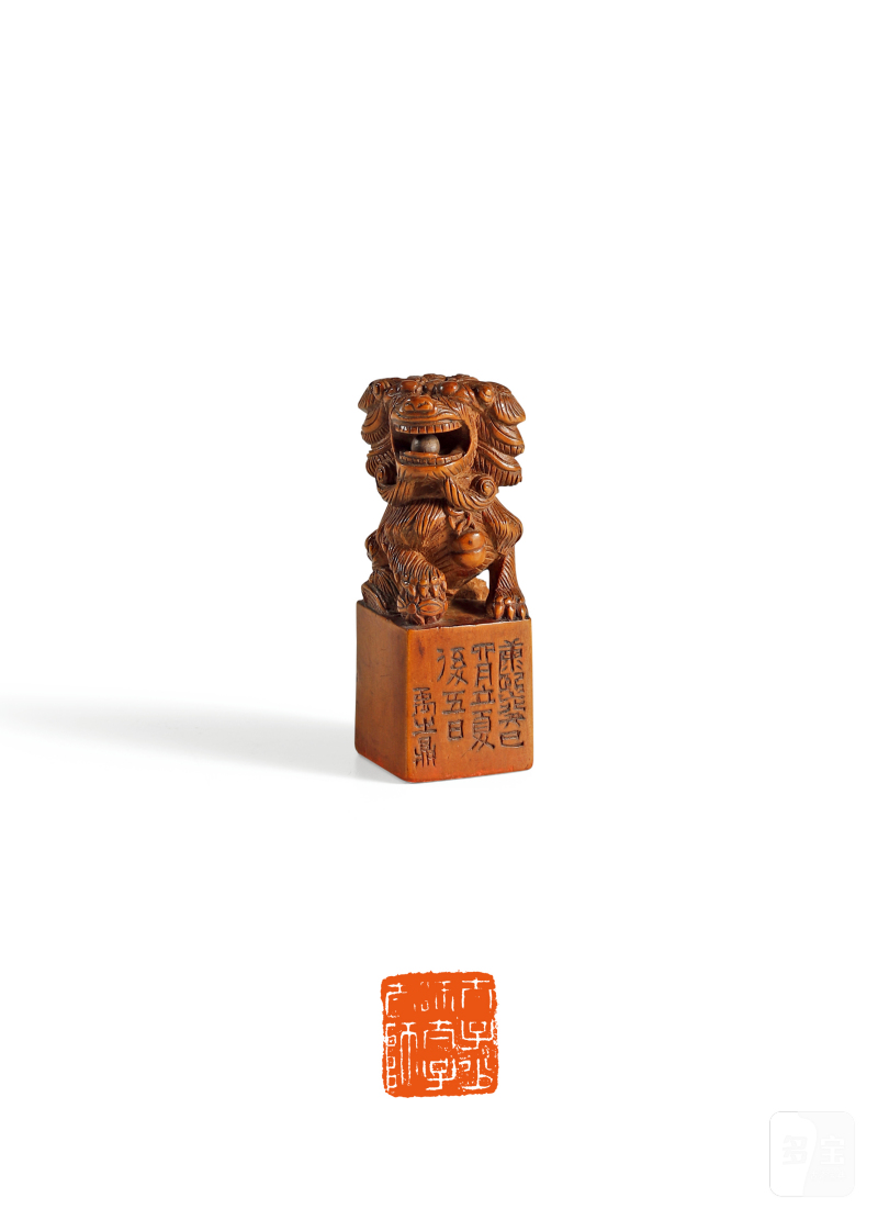 清·嚼雪庐旧藏禹之鼎款黄杨木雕狮钮印